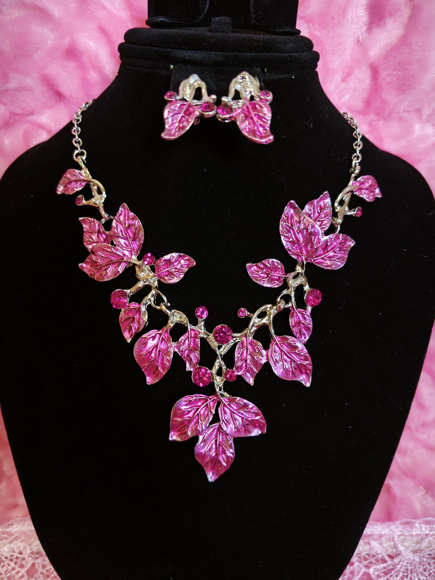 Gilded Pink Leaf Vine Statement Necklace & Earring Set