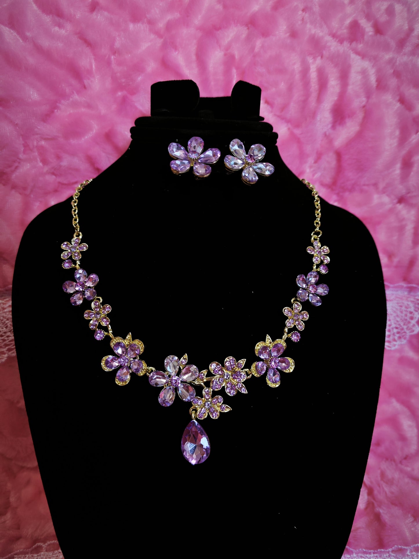 Lavender Crystal Floral Cluster Necklace & Earring Set