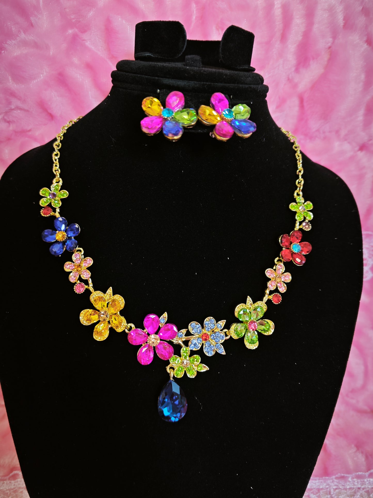 Gold-Plated Multicolor Flower & Teardrop Gem Jewelry Set