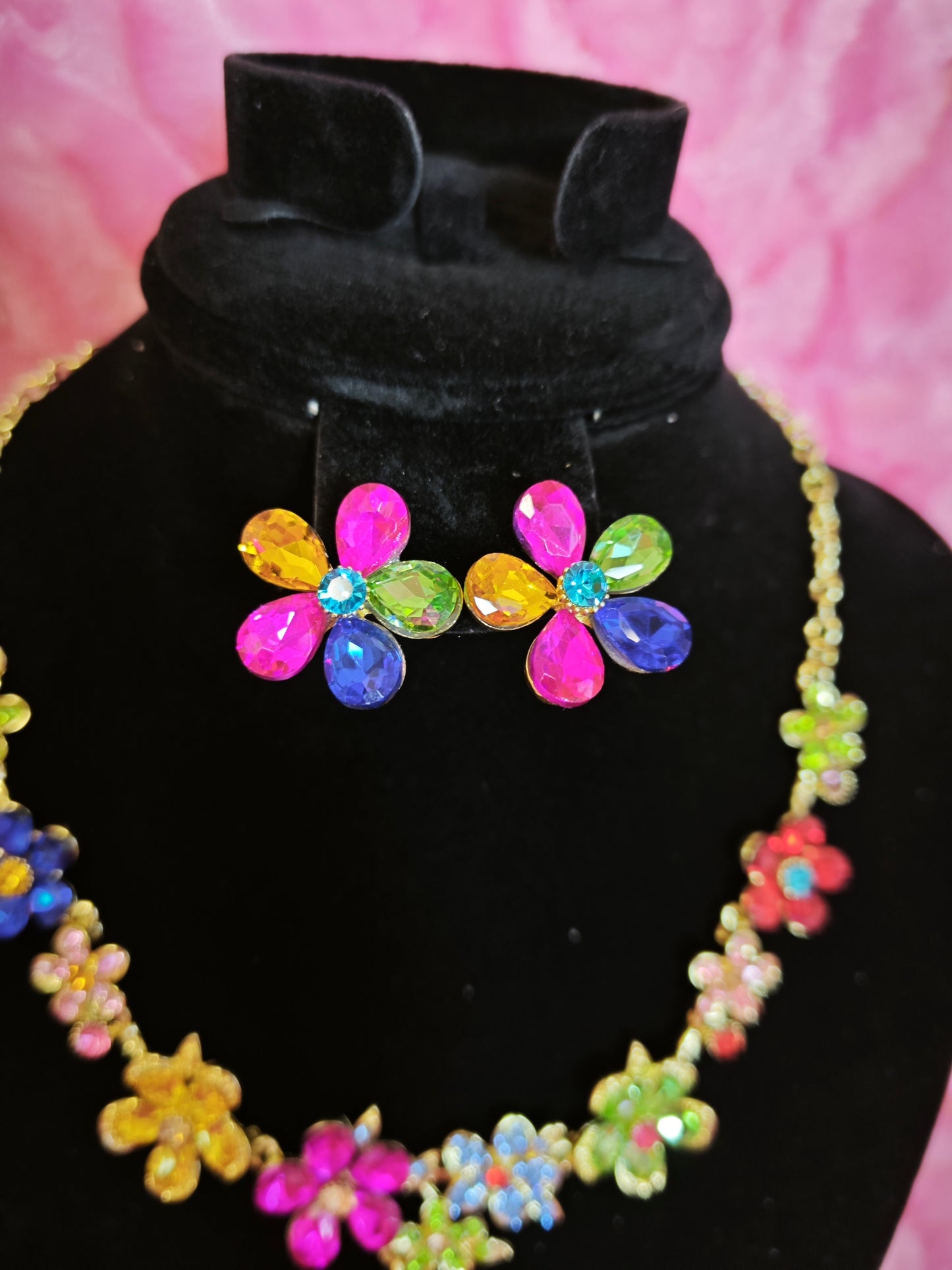 Gold-Plated Multicolor Flower & Teardrop Gem Jewelry Set