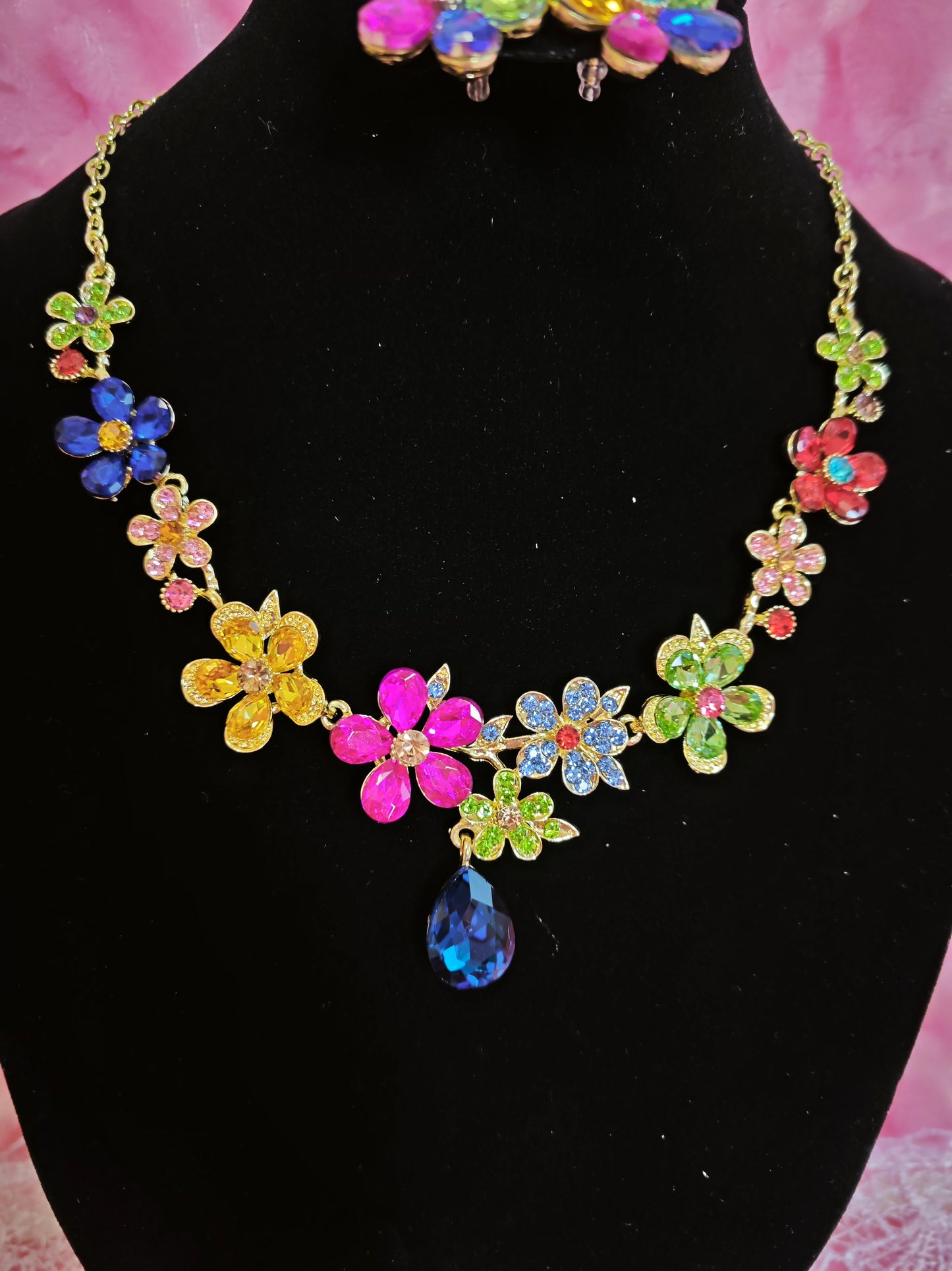 Gold-Plated Multicolor Flower & Teardrop Gem Jewelry Set