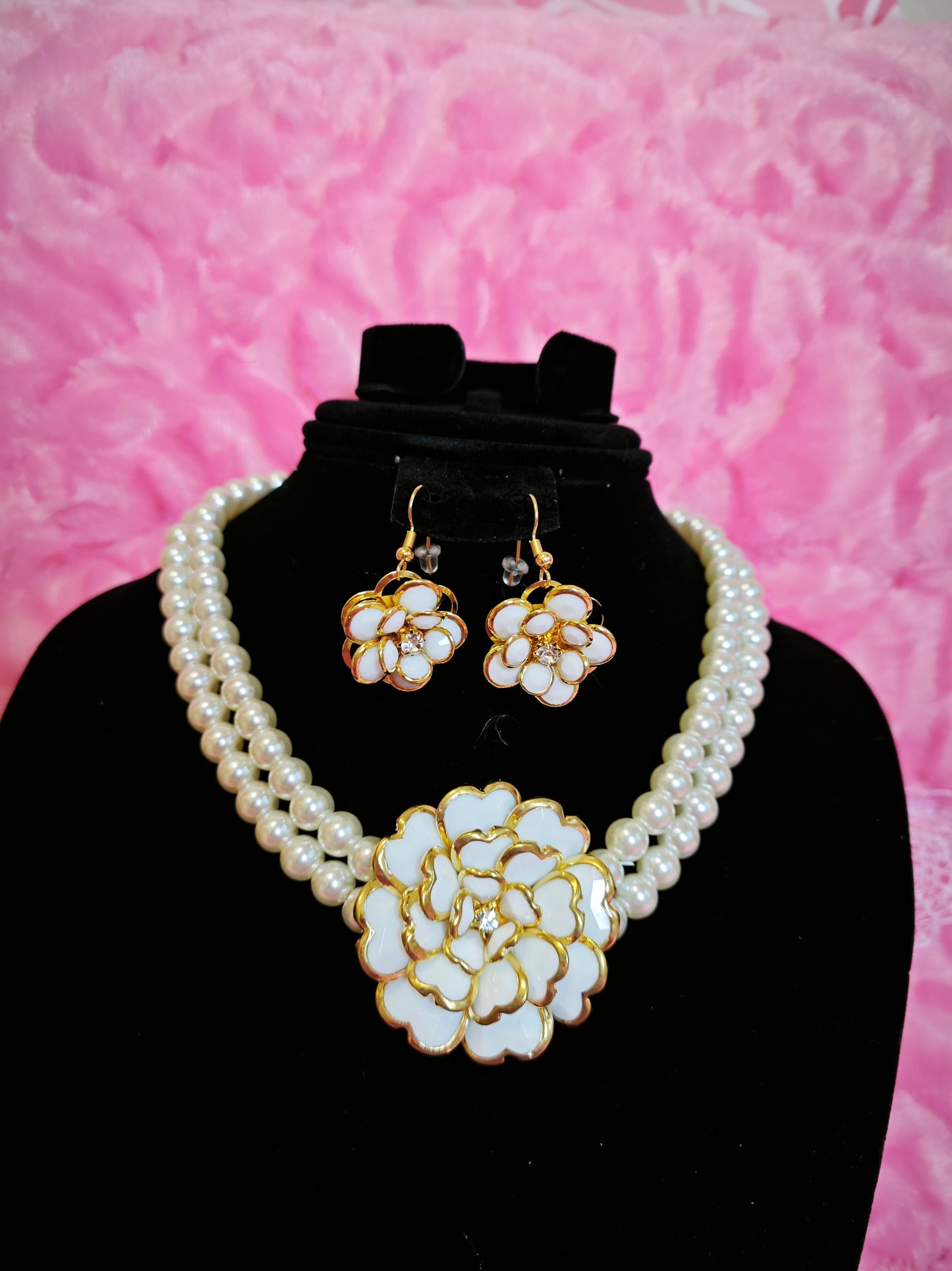 Dual-Strand Pearl & Enamel Flower Necklace & Earring Set