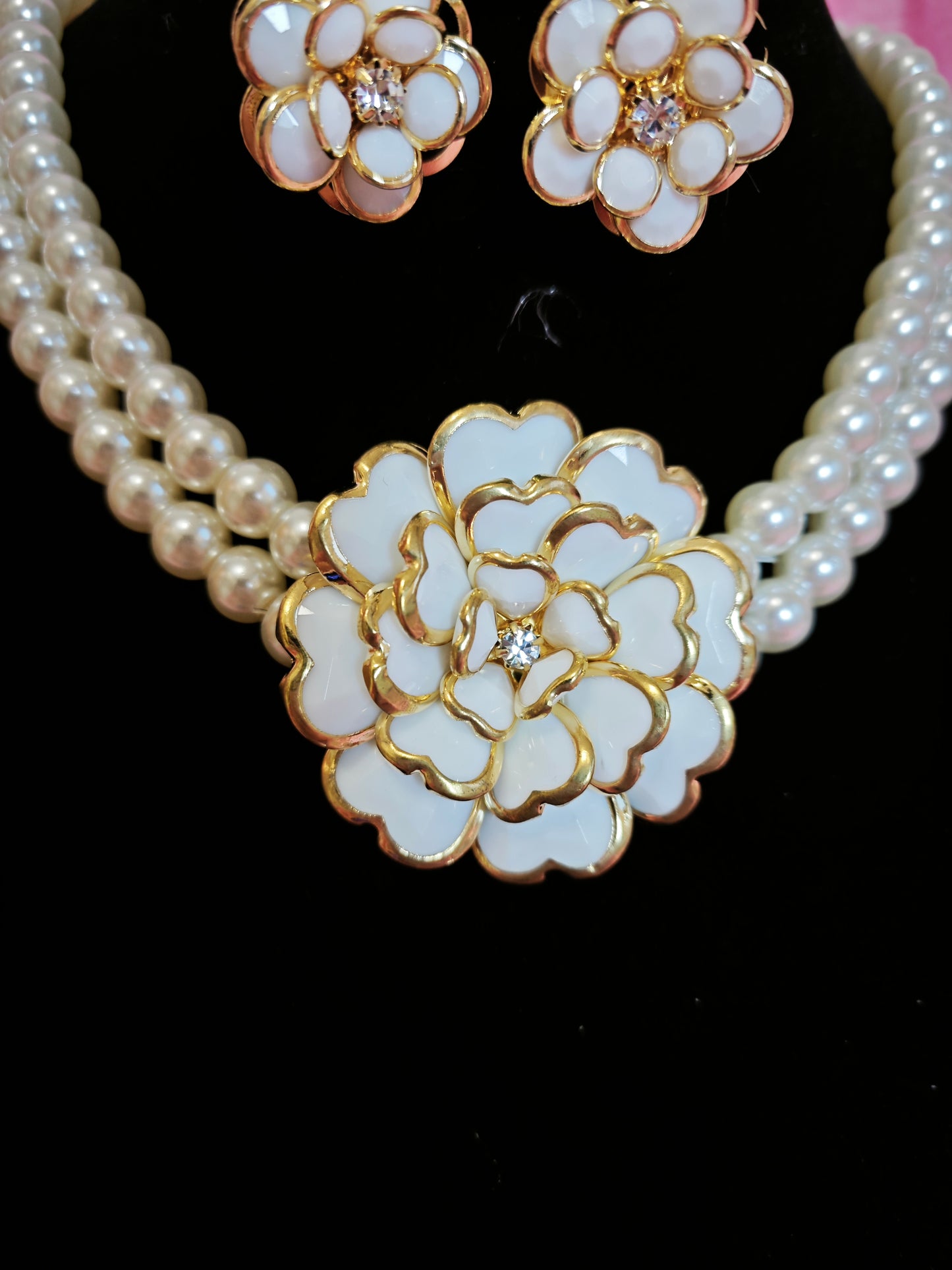 Dual-Strand Pearl & Enamel Flower Necklace & Earring Set