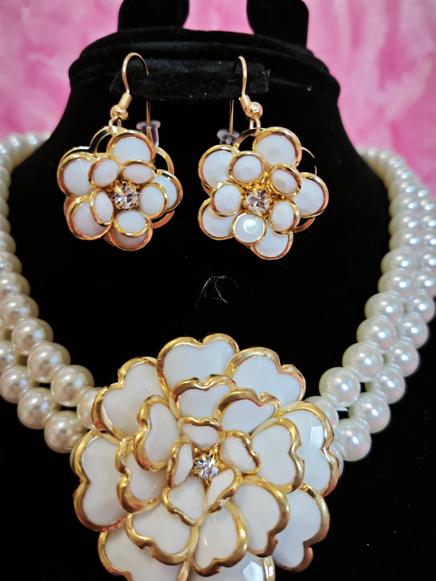 Dual-Strand Pearl & Enamel Flower Necklace & Earring Set
