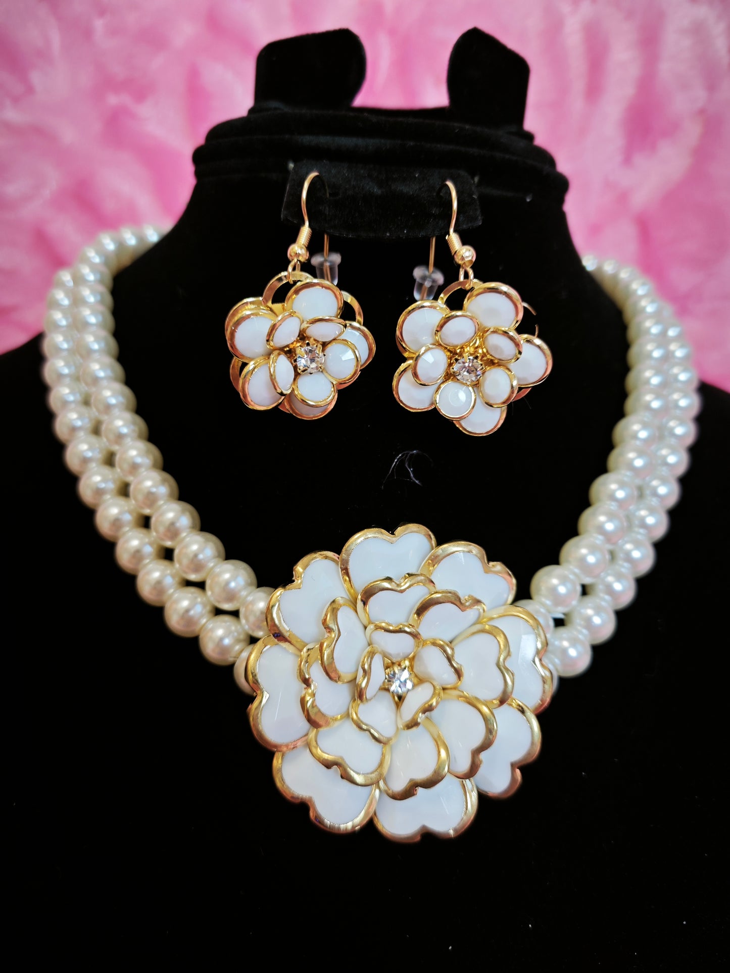 Dual-Strand Pearl & Enamel Flower Necklace & Earring Set