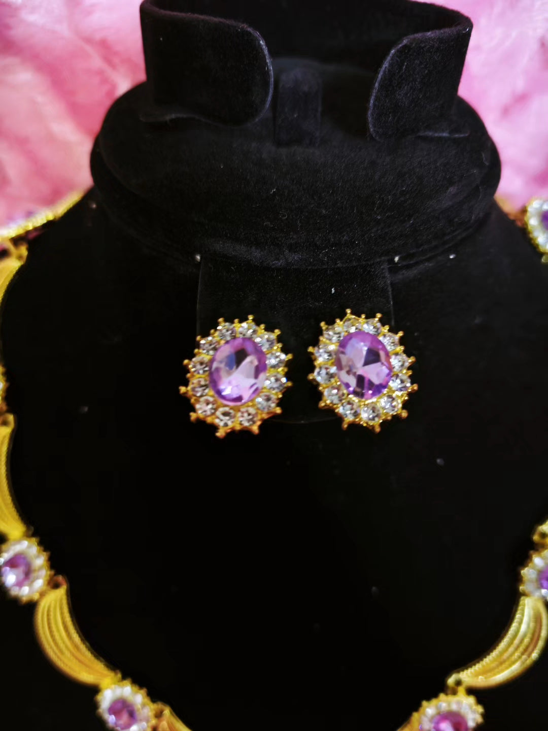 Golden Ribbon & Purple Gem Cluster Necklace & Earring Set