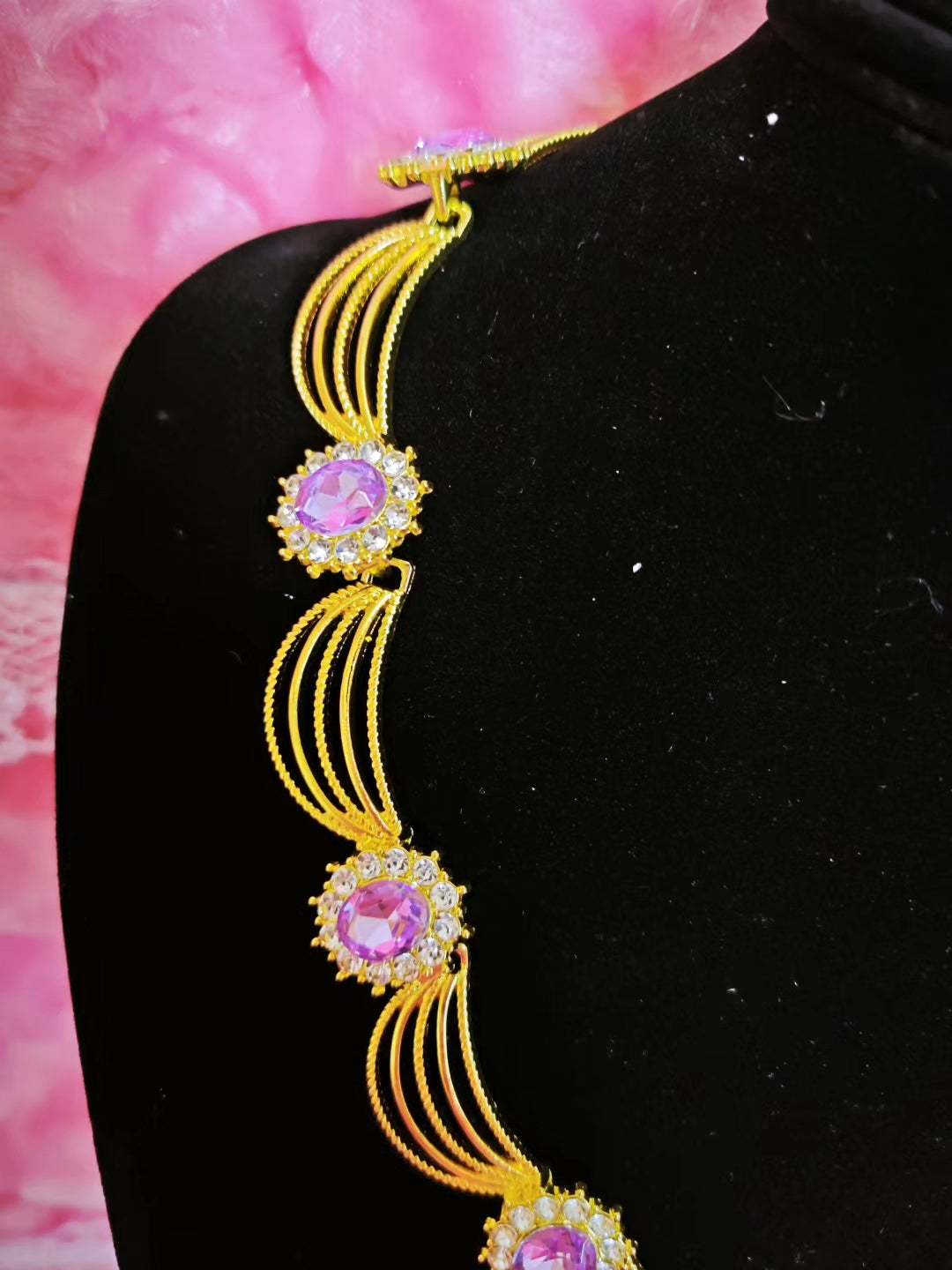 Golden Ribbon & Purple Gem Cluster Necklace & Earring Set