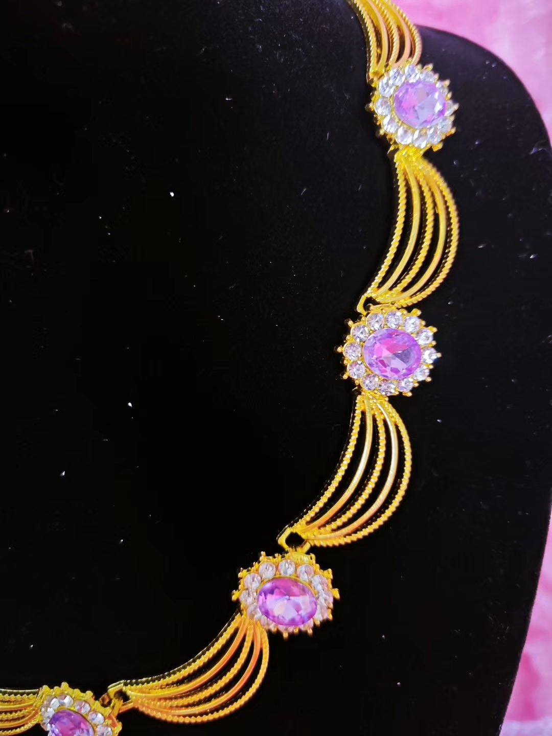 Golden Ribbon & Purple Gem Cluster Necklace & Earring Set