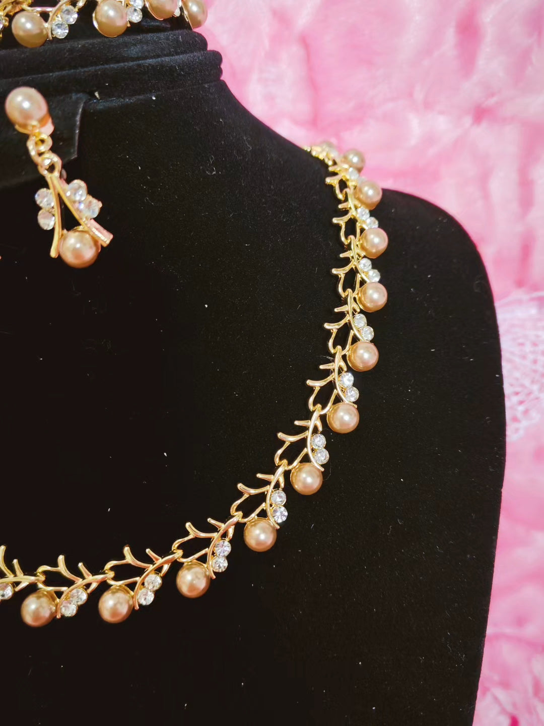 Champagne Pearl & Gilded Twig Necklace & Earring Set