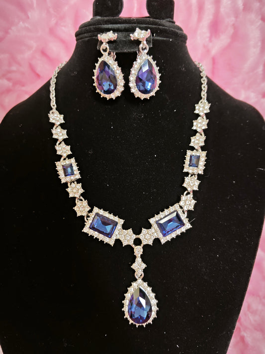 Cushion & Teardrop Blue Gem Necklace & Earring Set
