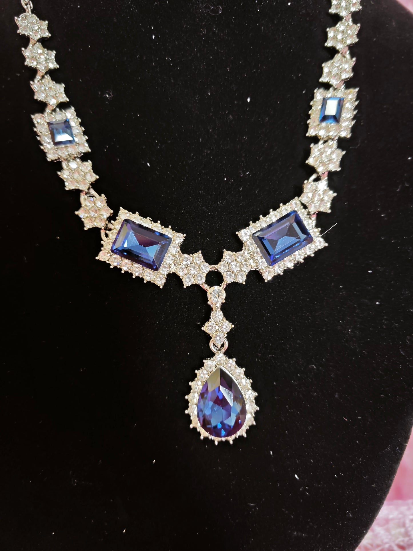 Cushion & Teardrop Blue Gem Necklace & Earring Set