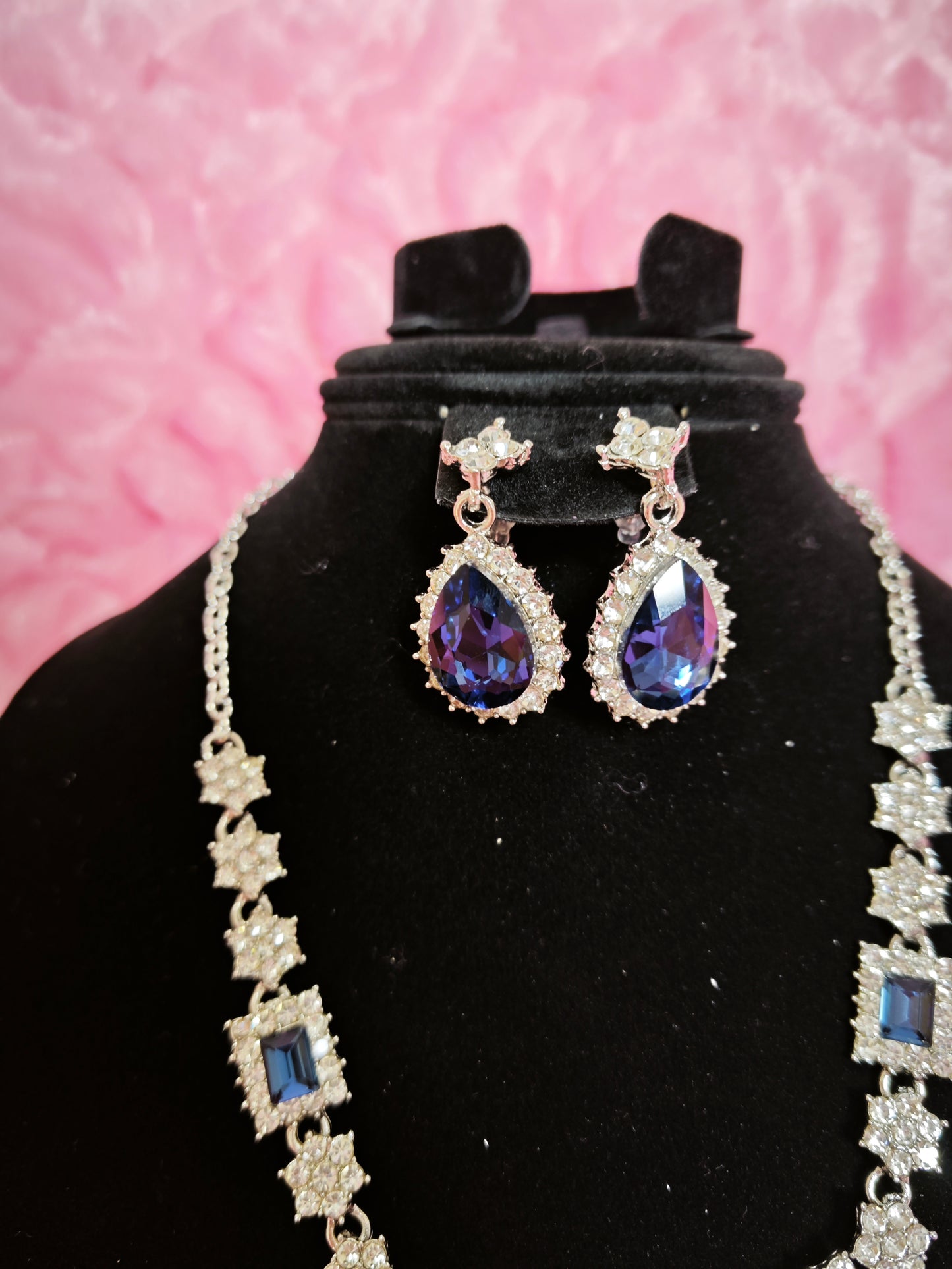 Cushion & Teardrop Blue Gem Necklace & Earring Set