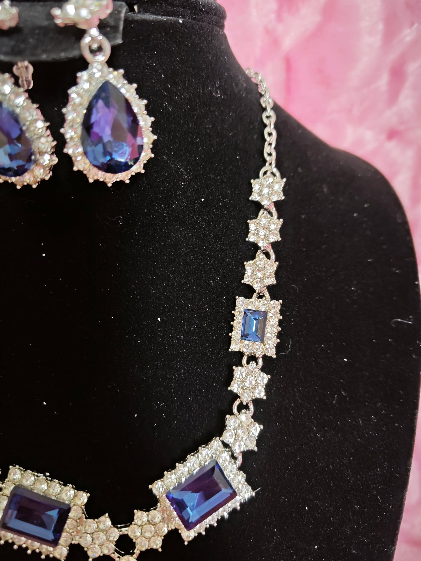 Cushion & Teardrop Blue Gem Necklace & Earring Set