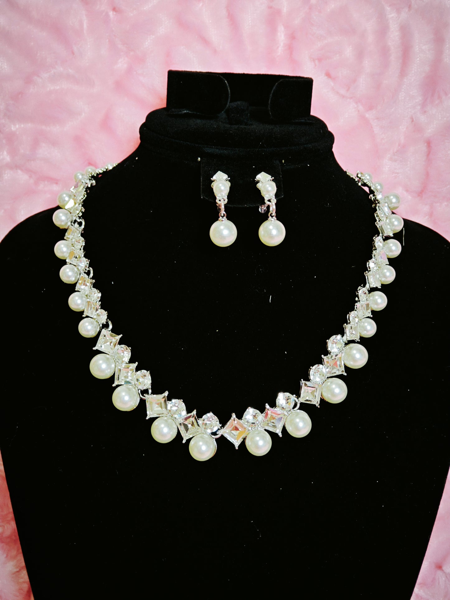 Silver-Tone Pearl & Baguette Crystal Necklace & Earring Set