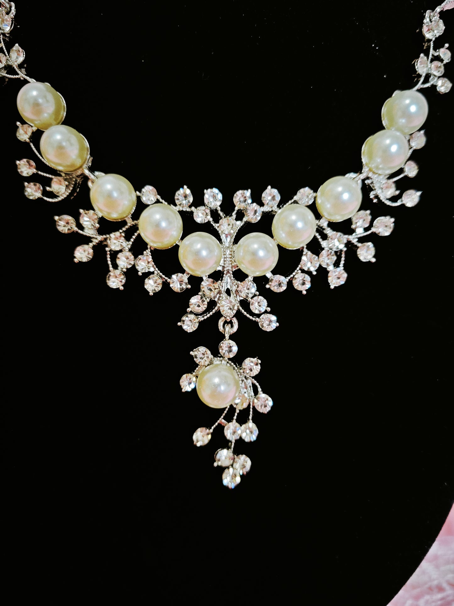 Silver-Tone Pearl & Crystal Vine Necklace & Earring Set