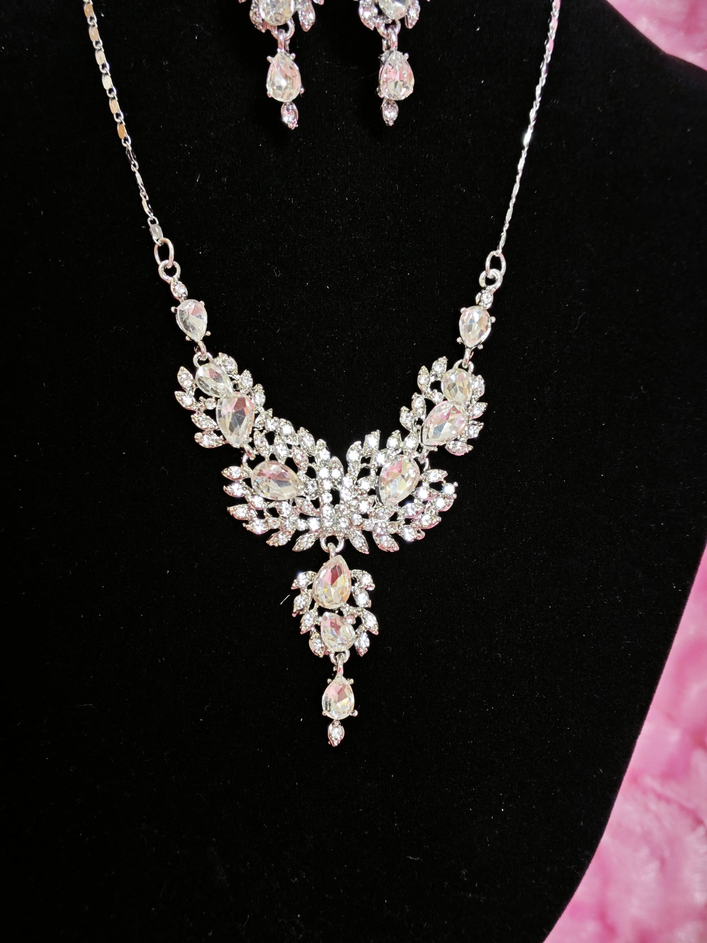 Silver Blush Crystal Leaf Cluster Necklace & Earring Set