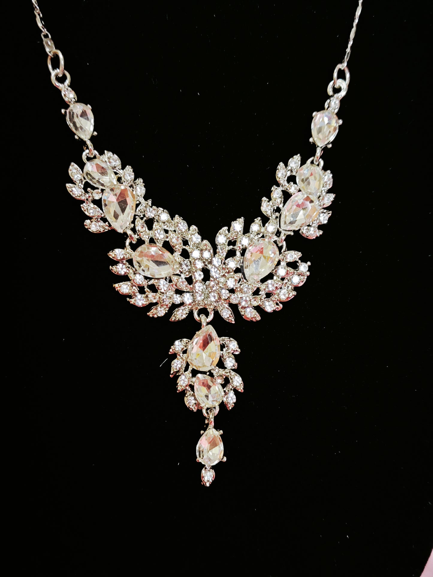 Silver Blush Crystal Leaf Cluster Necklace & Earring Set