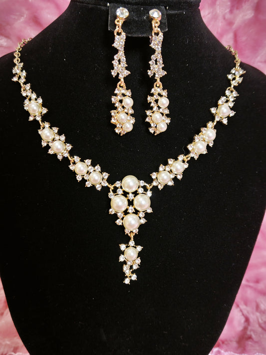 Gilded Pearl & Crystal Cluster Necklace & Earring Set