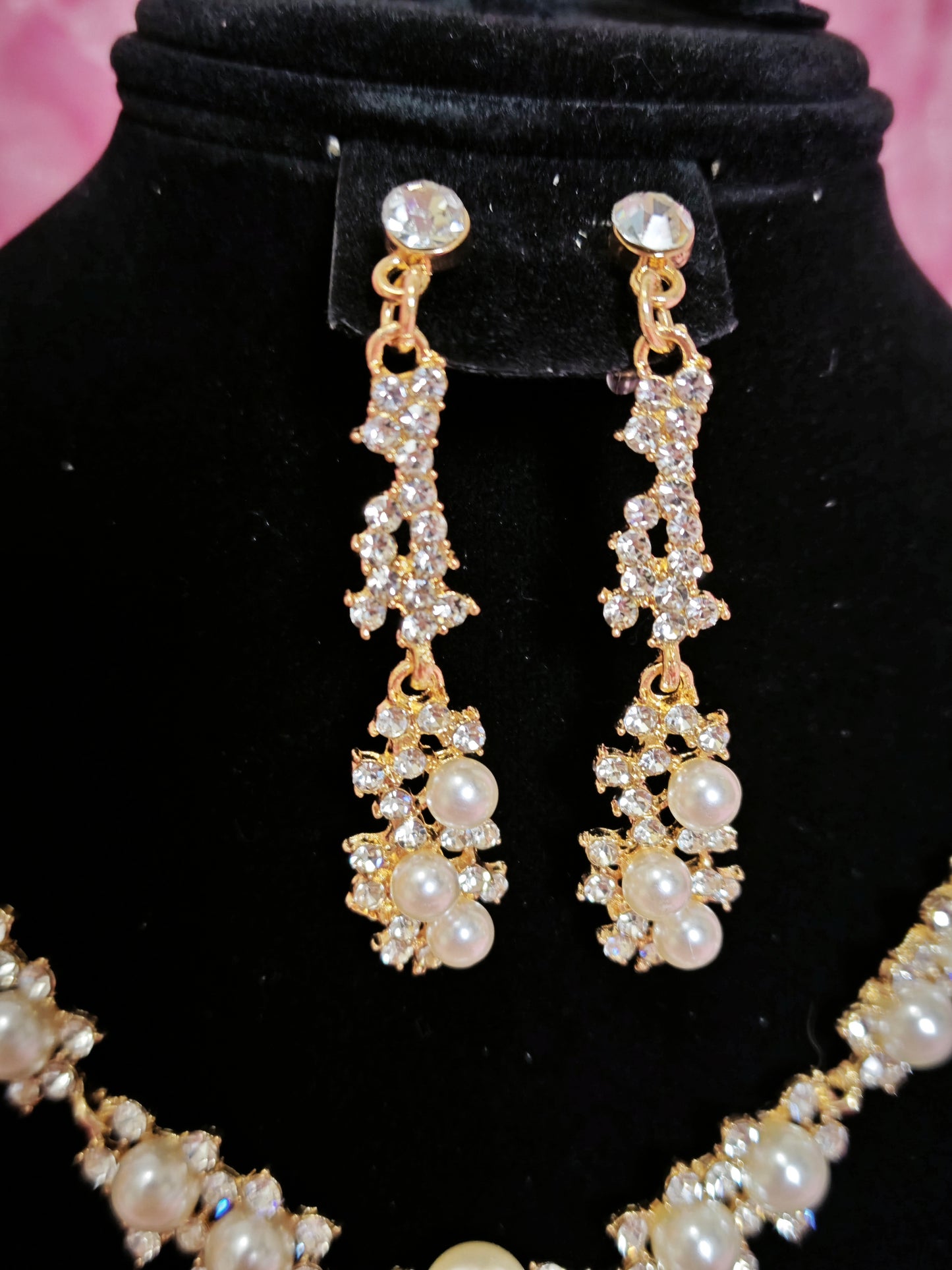 Gilded Pearl & Crystal Cluster Necklace & Earring Set