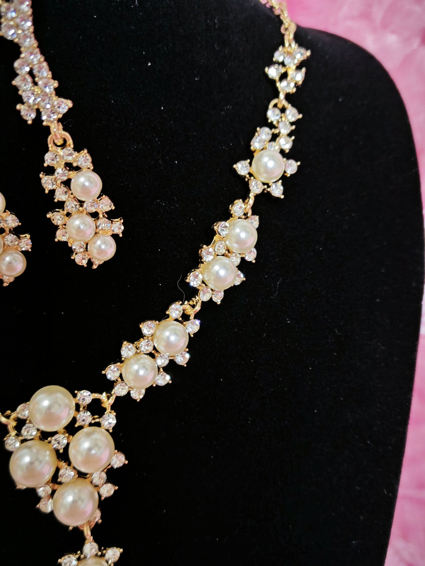 Gilded Pearl & Crystal Cluster Necklace & Earring Set
