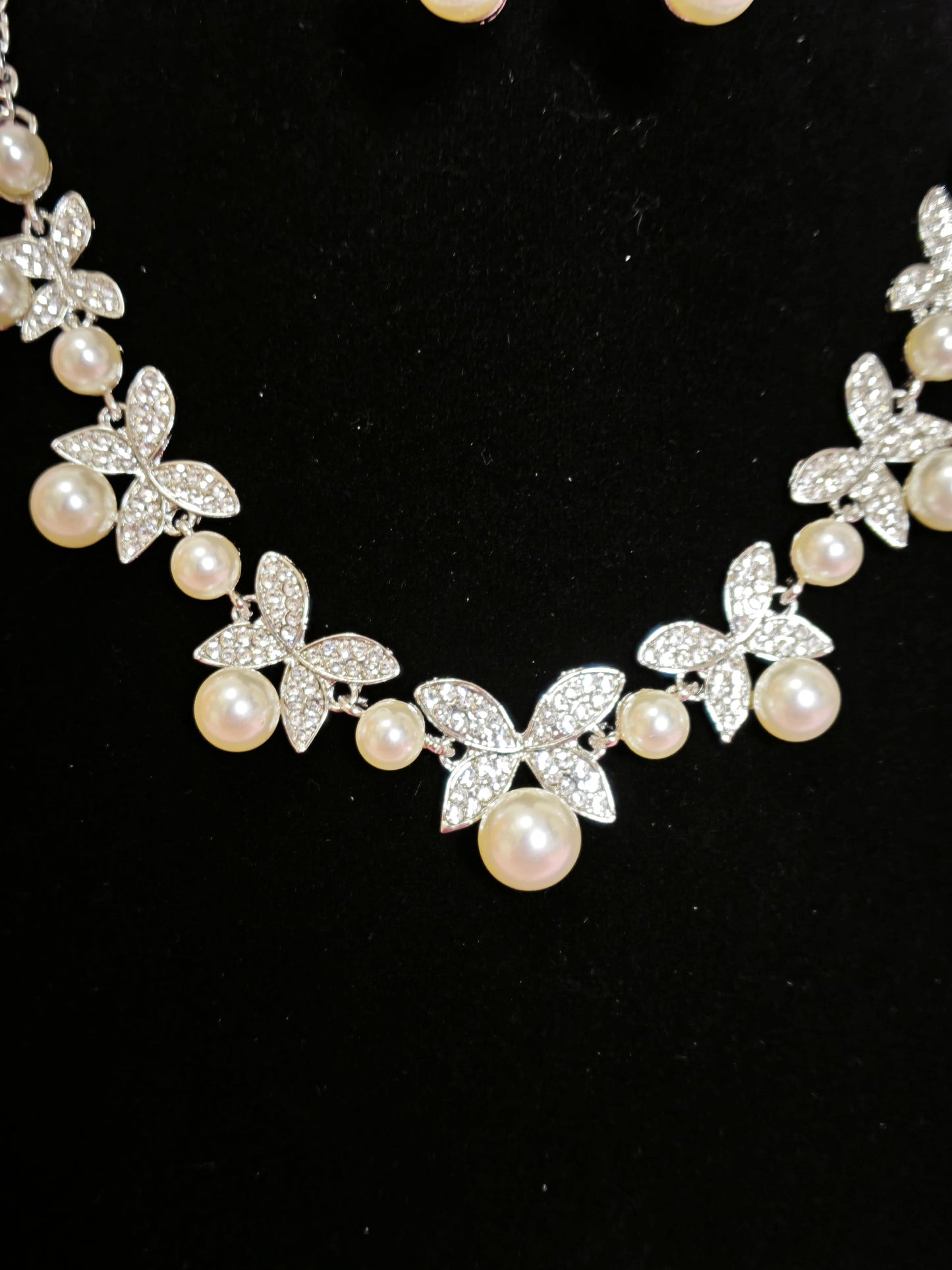 Crystal Butterfly & Pearl Cluster Necklace & Earring Set