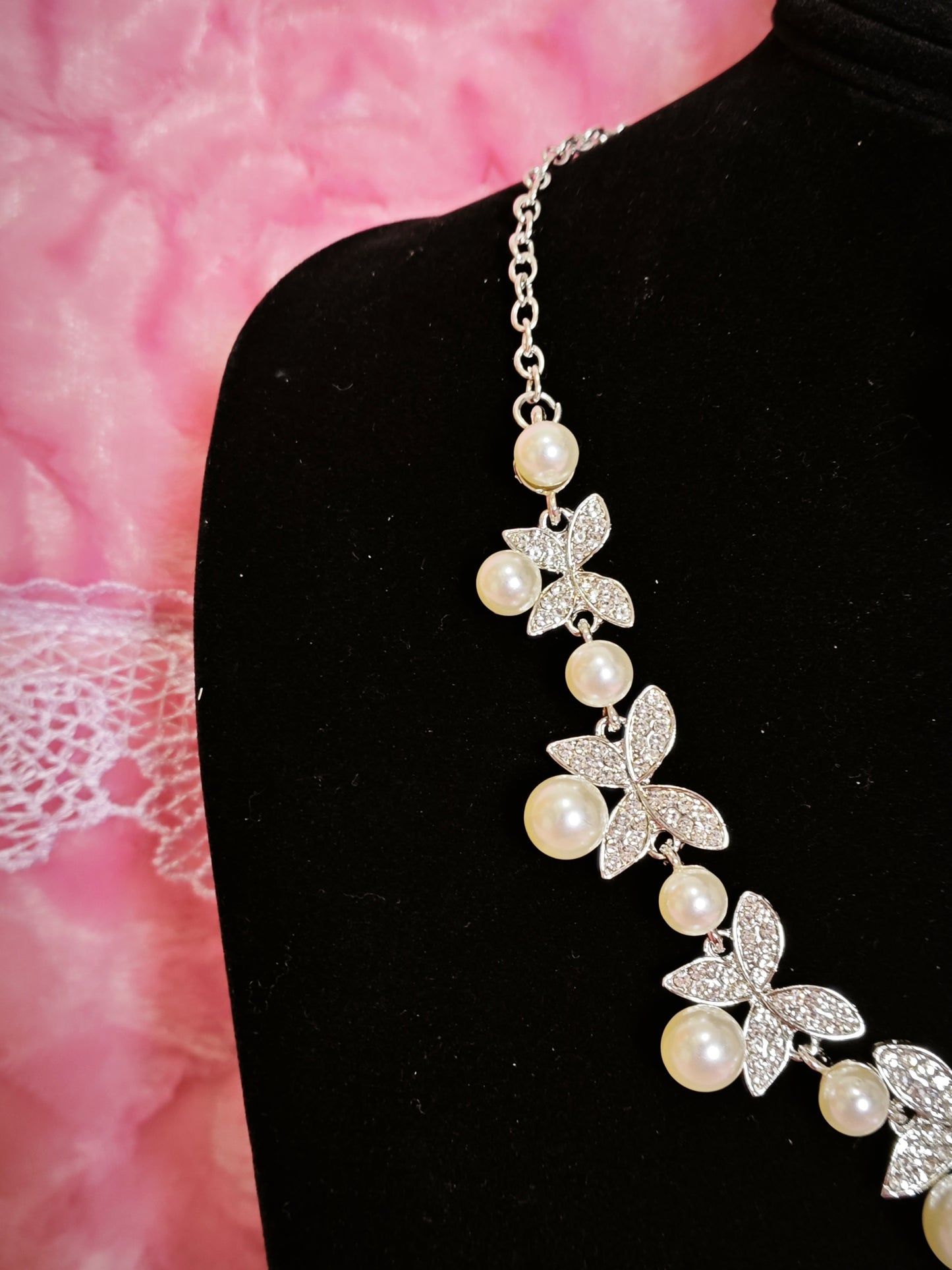Crystal Butterfly & Pearl Cluster Necklace & Earring Set