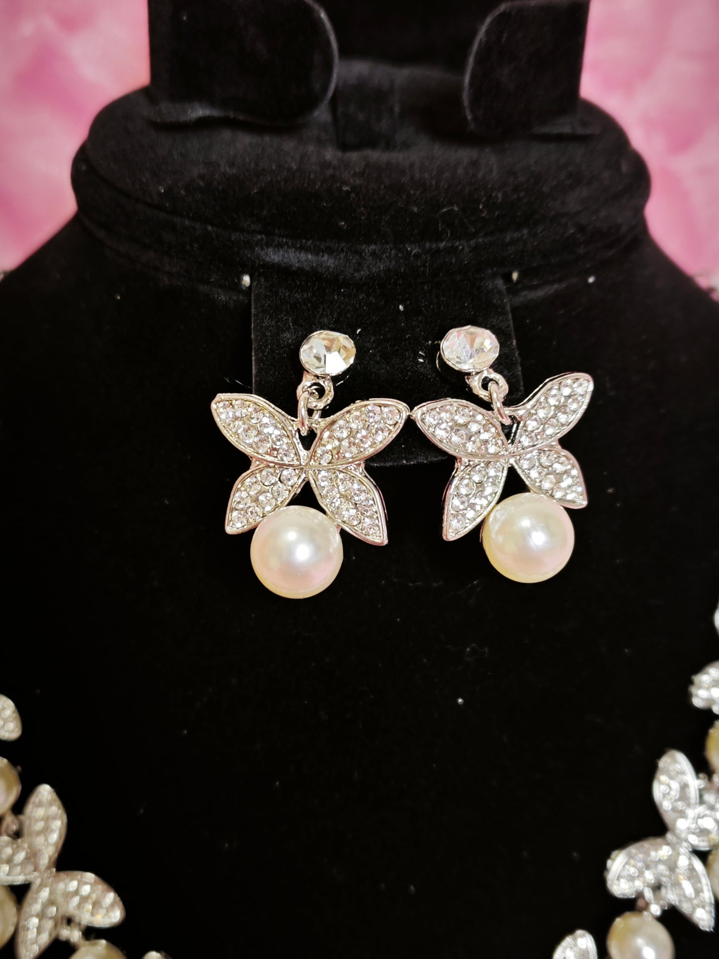Crystal Butterfly & Pearl Cluster Necklace & Earring Set