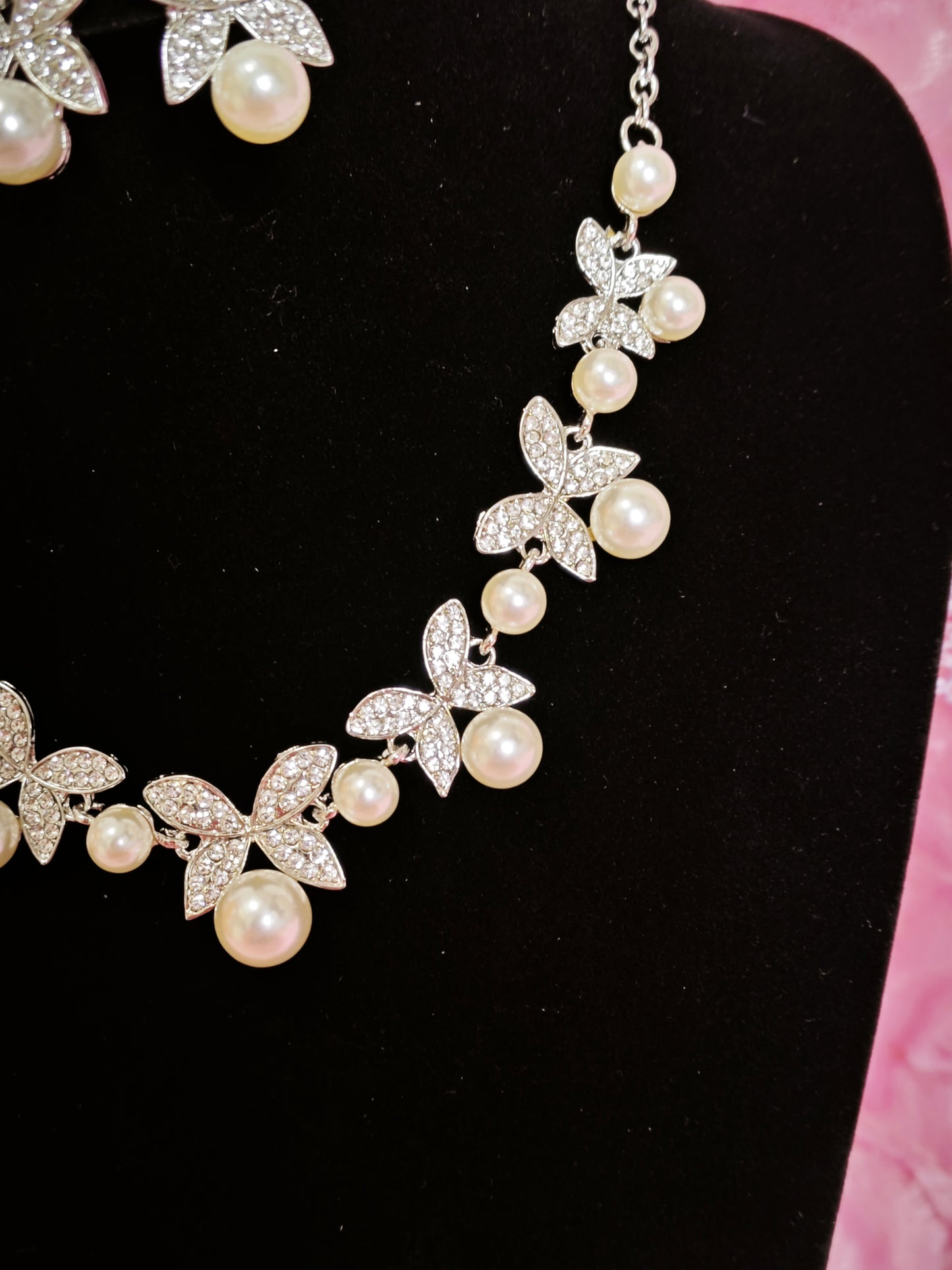 Crystal Butterfly & Pearl Cluster Necklace & Earring Set