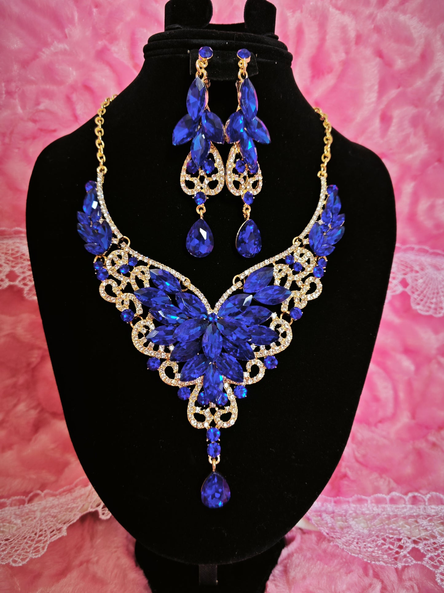 Gilded Cobalt Blue Gem Filigree Necklace & Earring Set