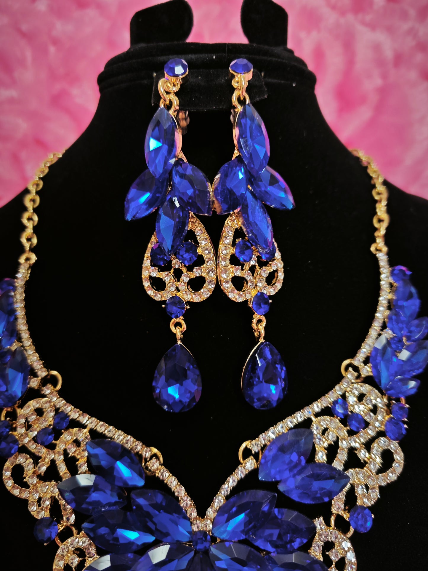 Gilded Cobalt Blue Gem Filigree Necklace & Earring Set