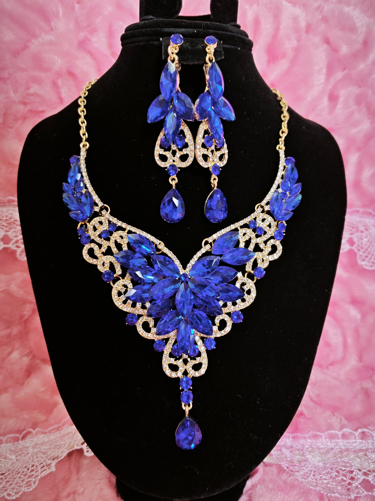 Gilded Cobalt Blue Gem Filigree Necklace & Earring Set