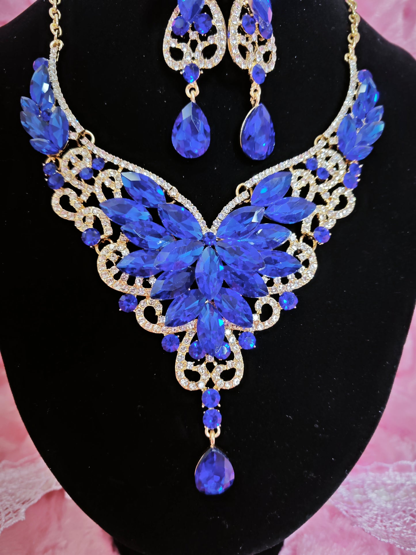 Gilded Cobalt Blue Gem Filigree Necklace & Earring Set