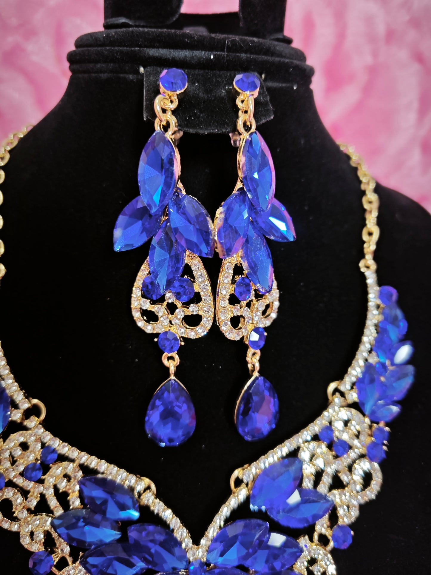 Gilded Cobalt Blue Gem Filigree Necklace & Earring Set