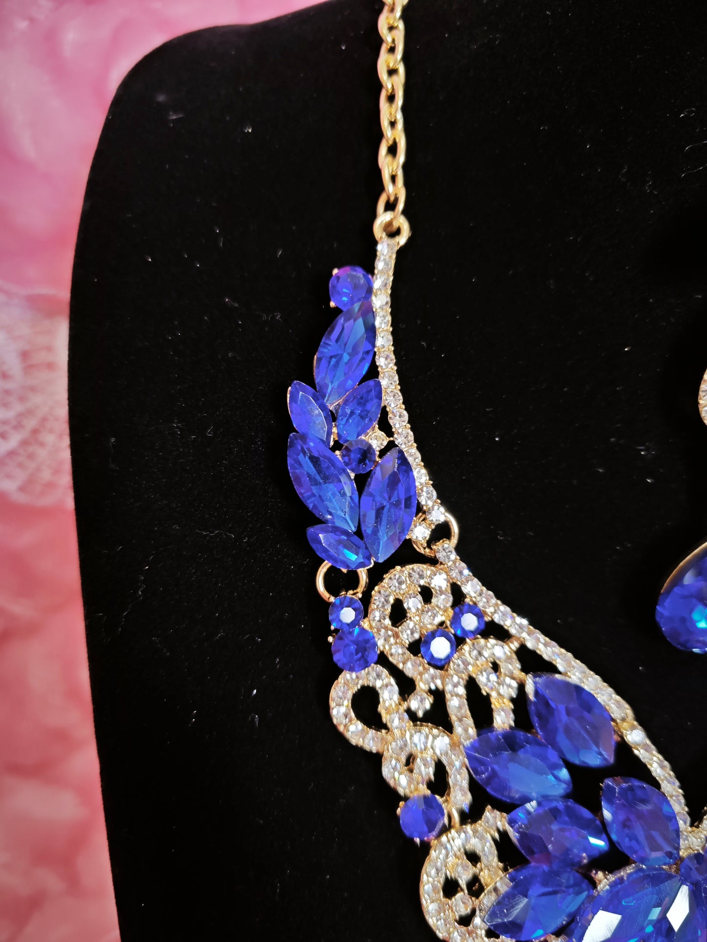 Gilded Cobalt Blue Gem Filigree Necklace & Earring Set