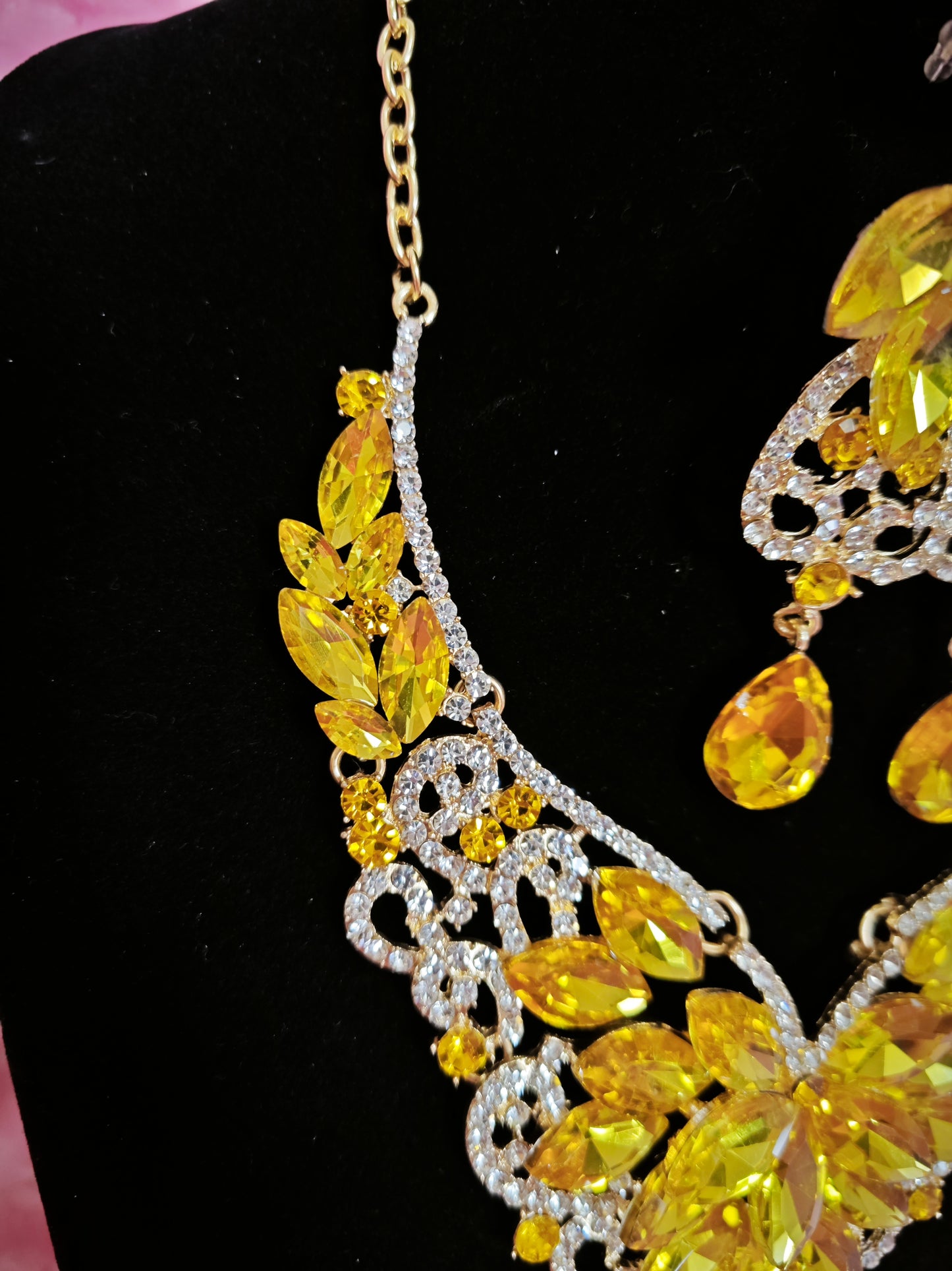 Gilded Yellow Gem Filigree Necklace & Earring Set