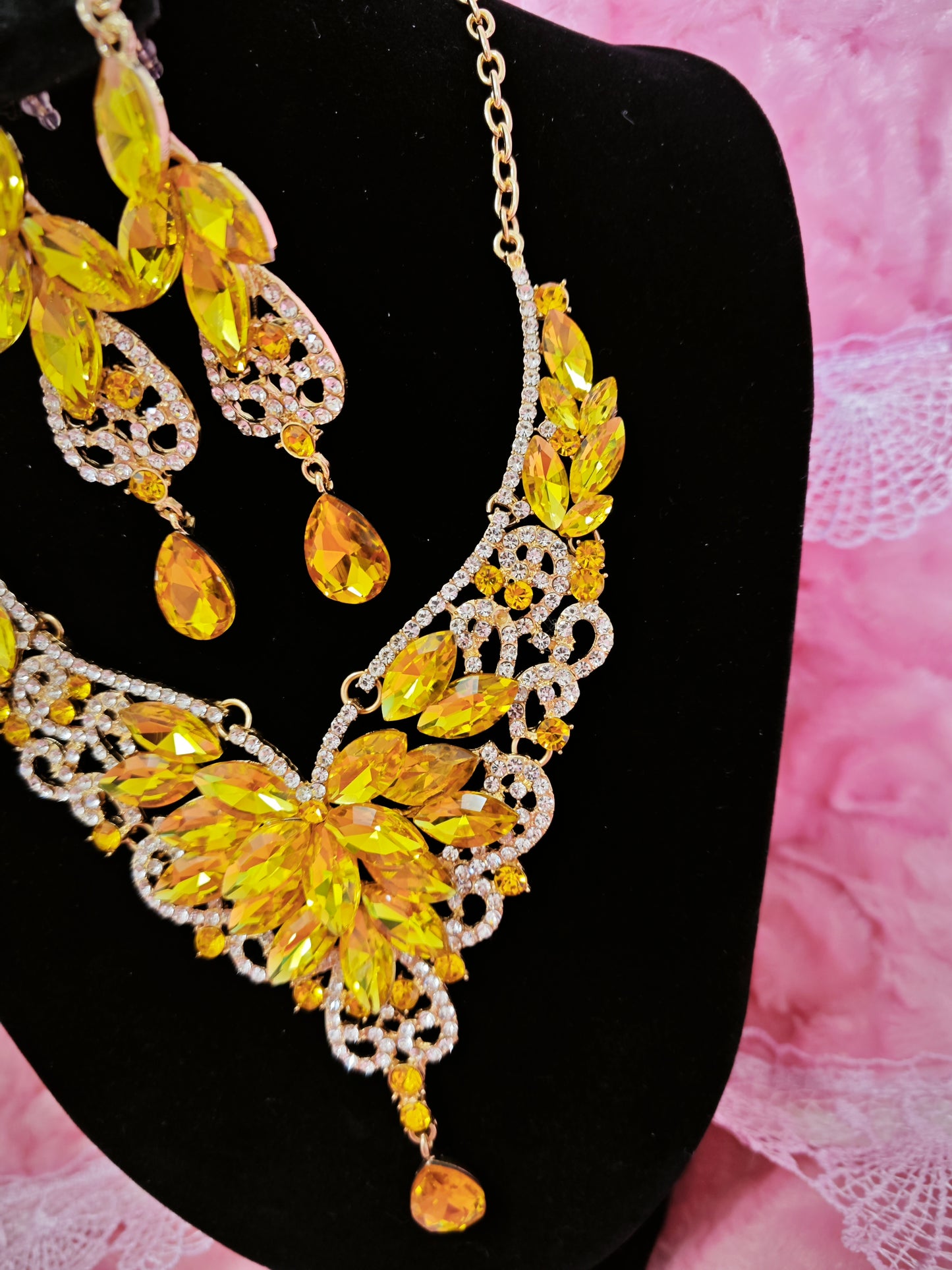 Gilded Yellow Gem Filigree Necklace & Earring Set