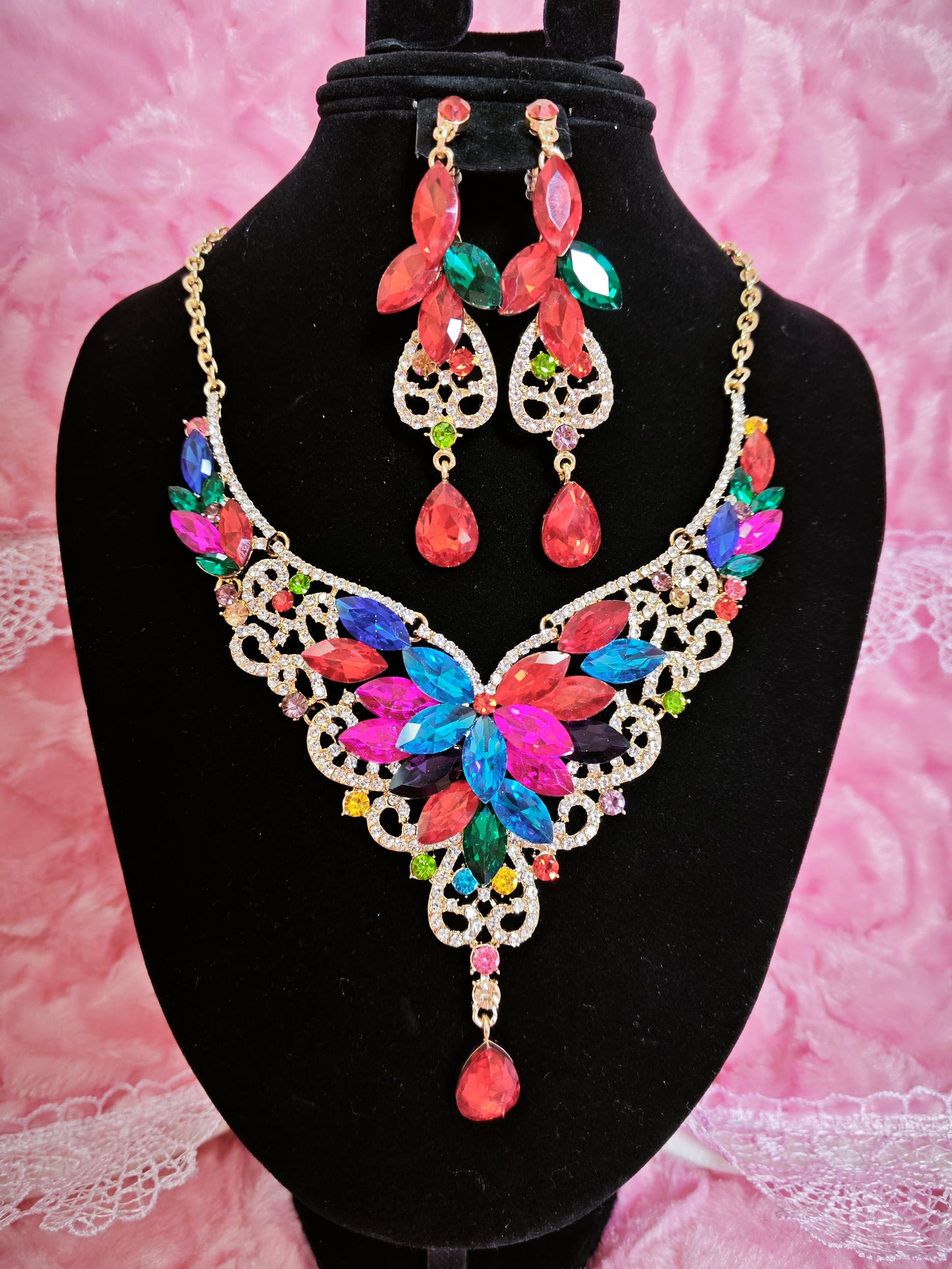 Gilded Multi-Color Gem Filigree Necklace & Earring Set