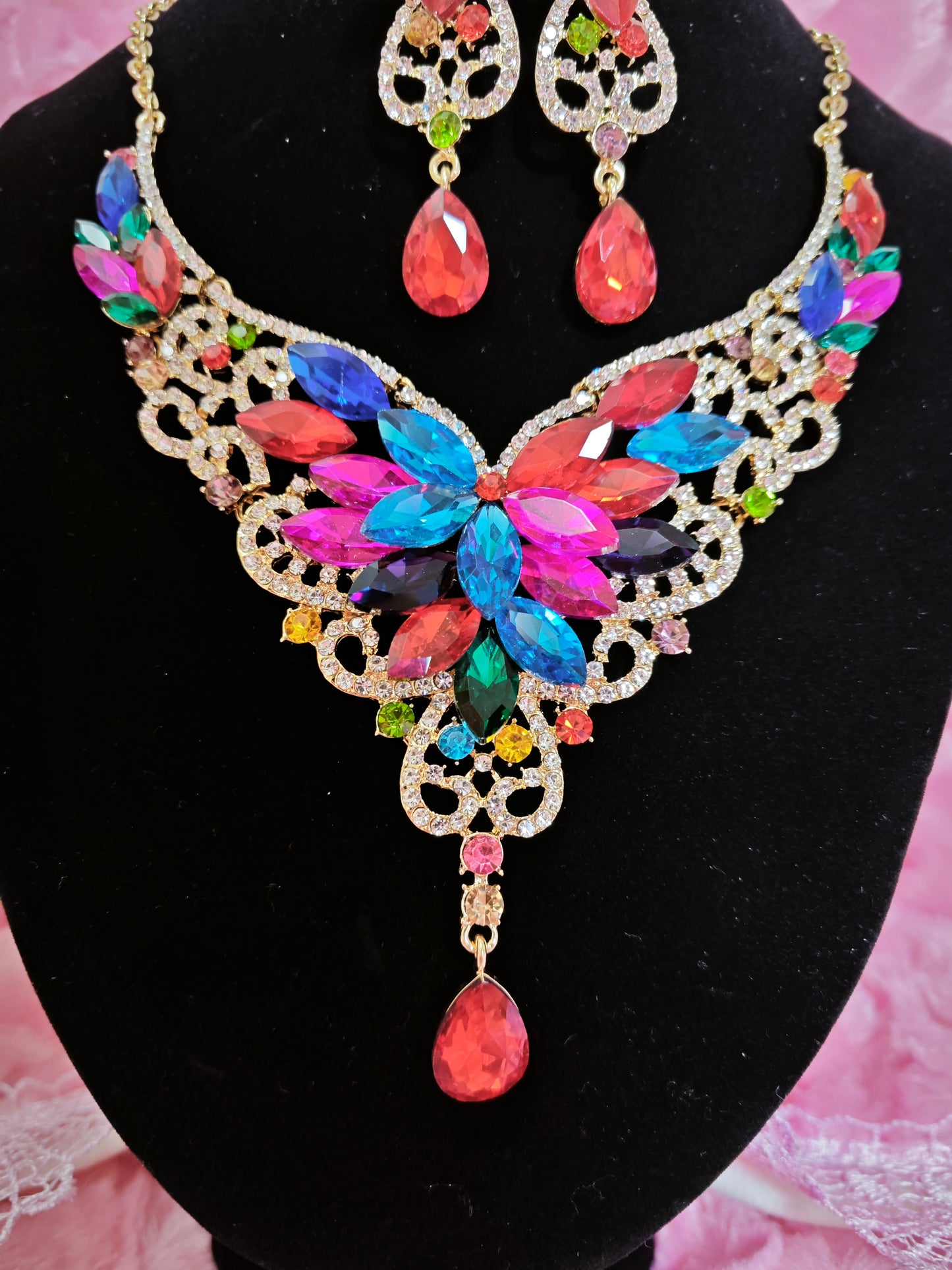 Gilded Multi-Color Gem Filigree Necklace & Earring Set
