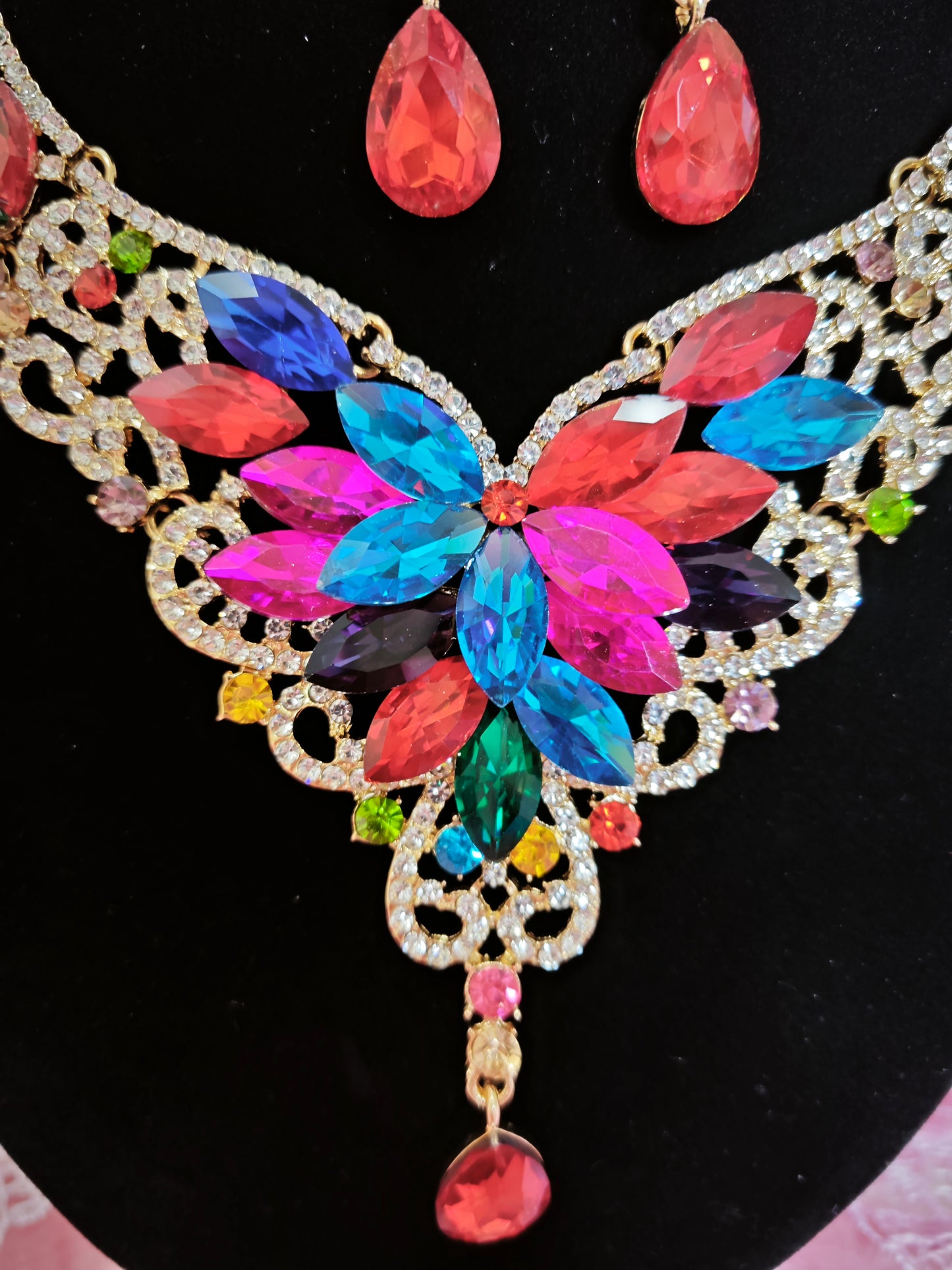 Gilded Multi-Color Gem Filigree Necklace & Earring Set