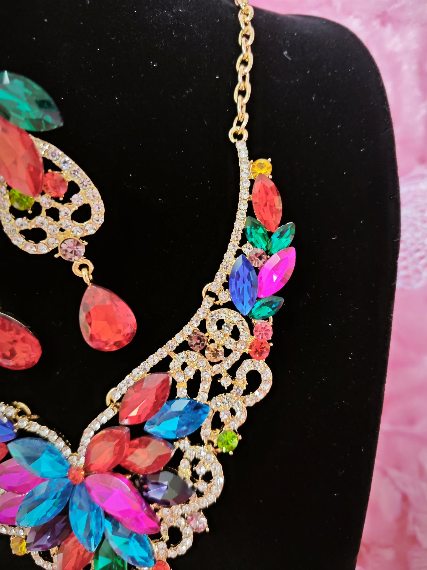 Gilded Multi-Color Gem Filigree Necklace & Earring Set