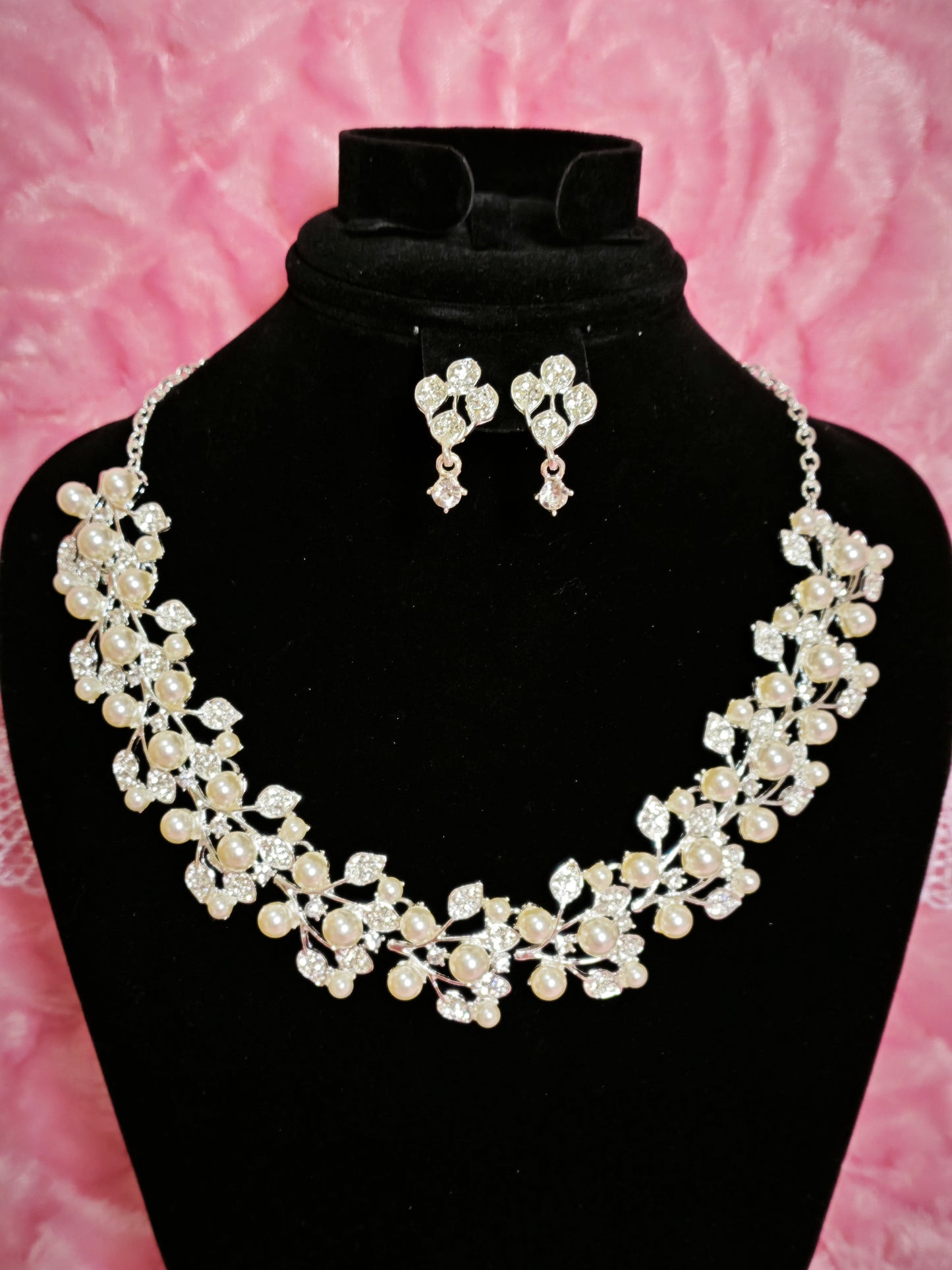 Silver Pearl & Crystal Vine Necklace & Earring Set