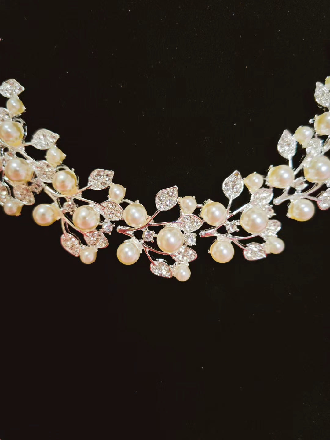 Silver Pearl & Crystal Vine Necklace & Earring Set