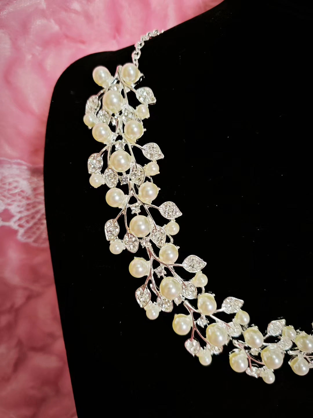 Silver Pearl & Crystal Vine Necklace & Earring Set