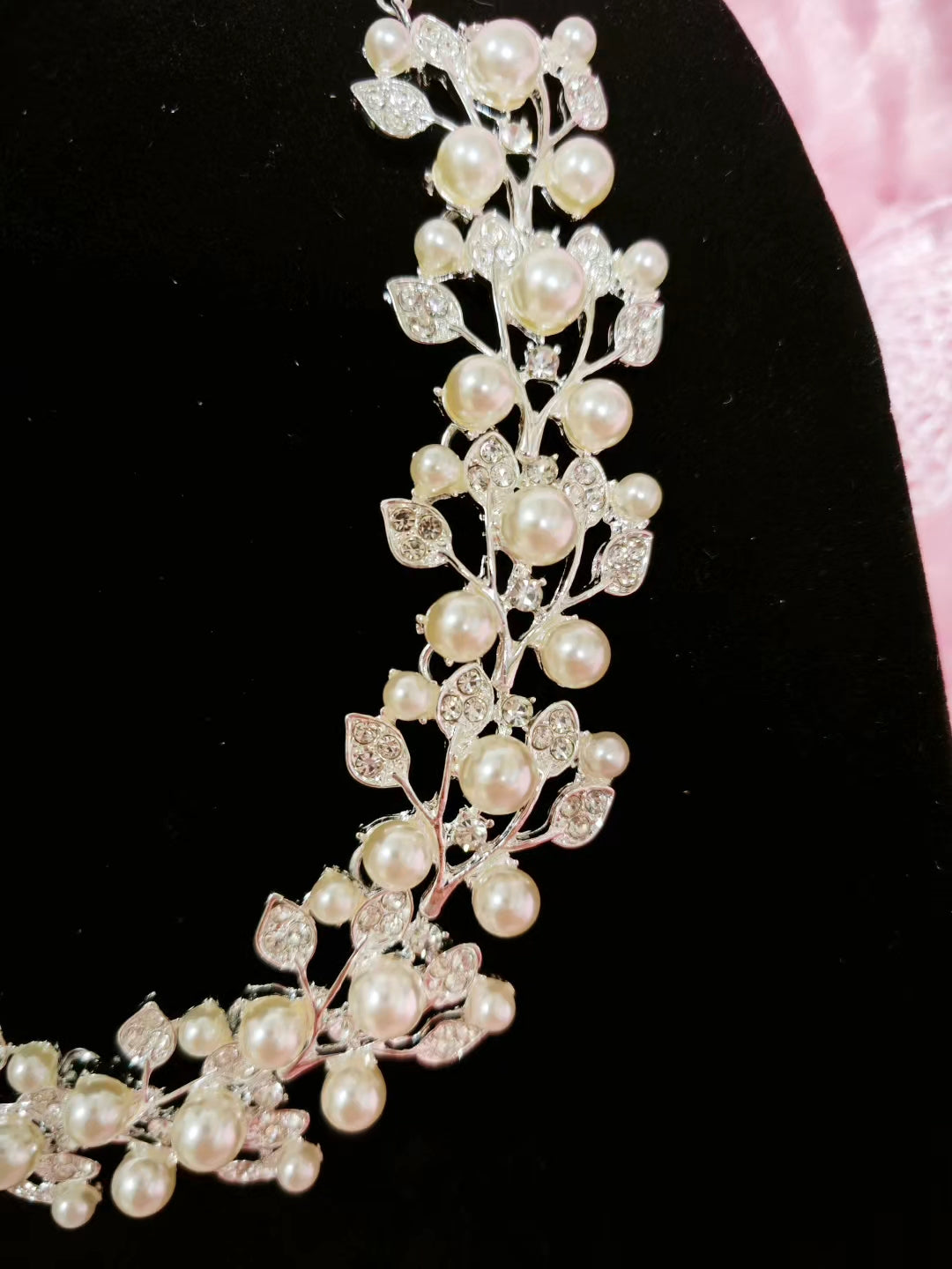 Silver Pearl & Crystal Vine Necklace & Earring Set