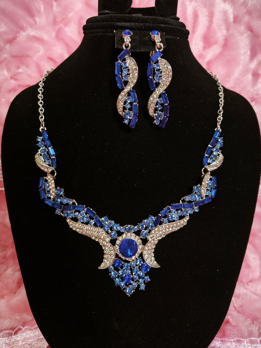 Silver Sapphire Wing & Baguette Crystal Necklace & Earring Set