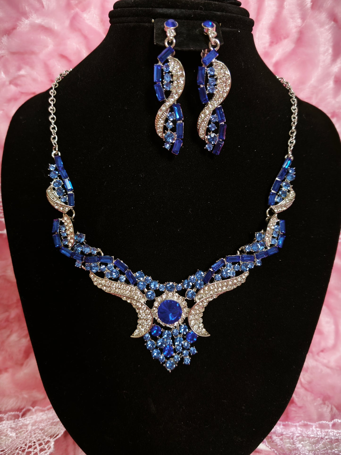Silver Sapphire Wing & Baguette Crystal Necklace & Earring Set