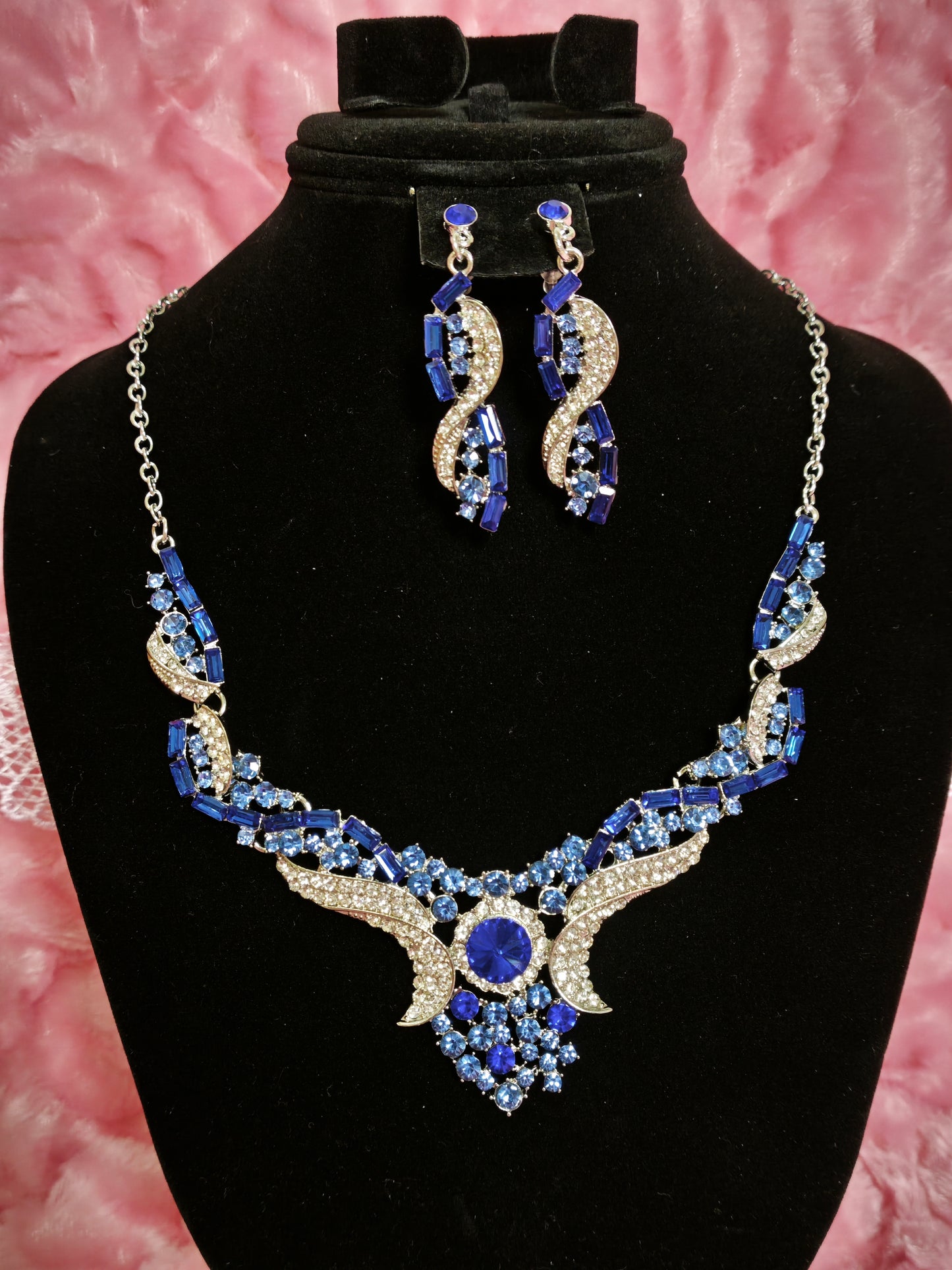 Silver Sapphire Wing & Baguette Crystal Necklace & Earring Set