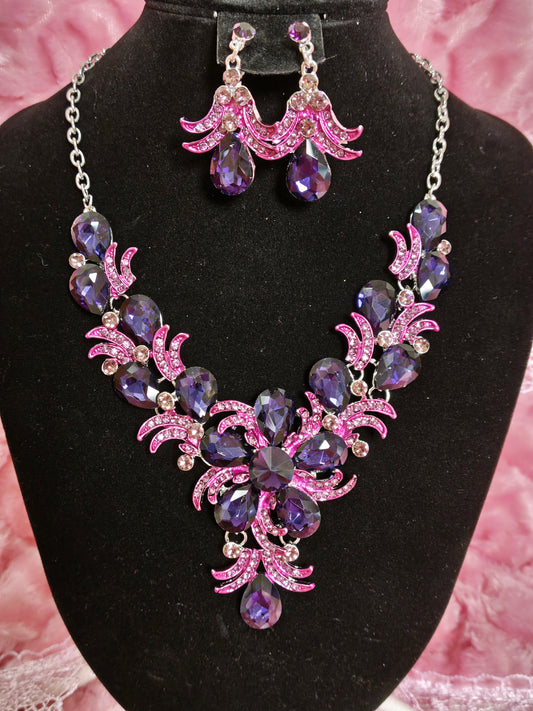 Silver Purple-Magenta Gem Feather Necklace & Earring Set