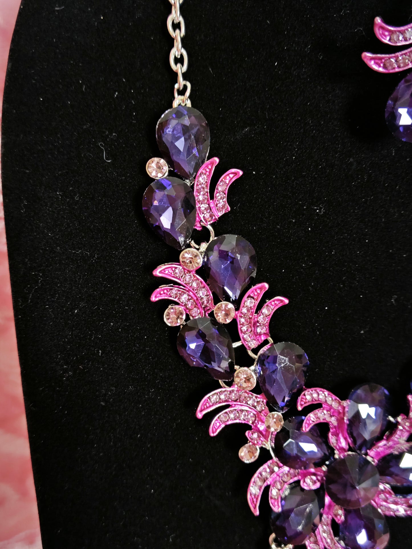 Silver Purple-Magenta Gem Feather Necklace & Earring Set