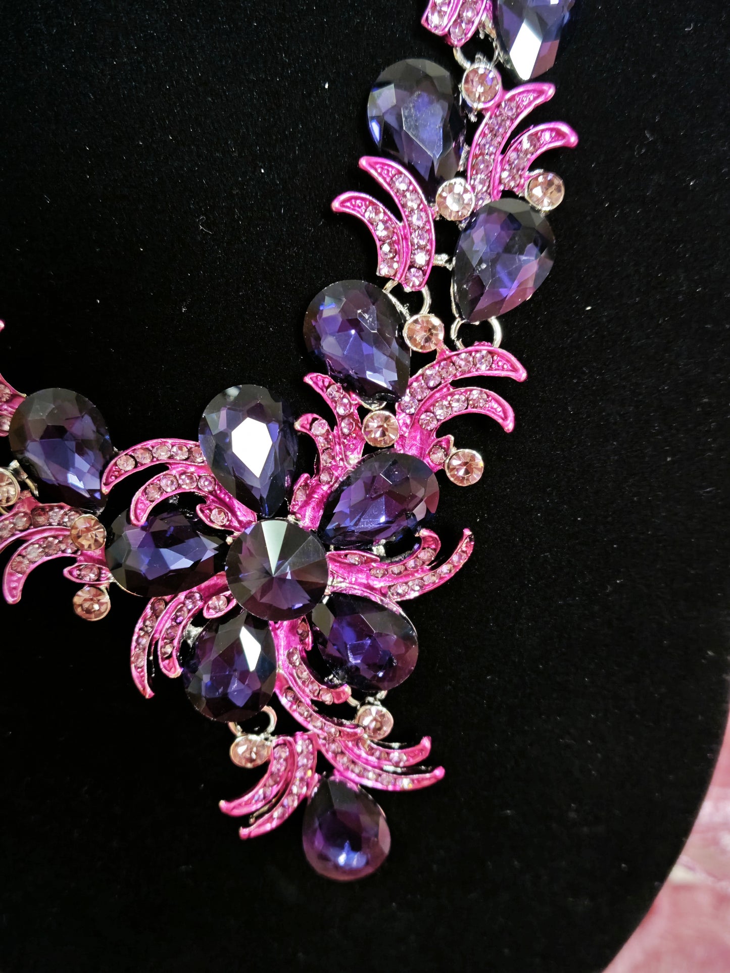 Silver Purple-Magenta Gem Feather Necklace & Earring Set